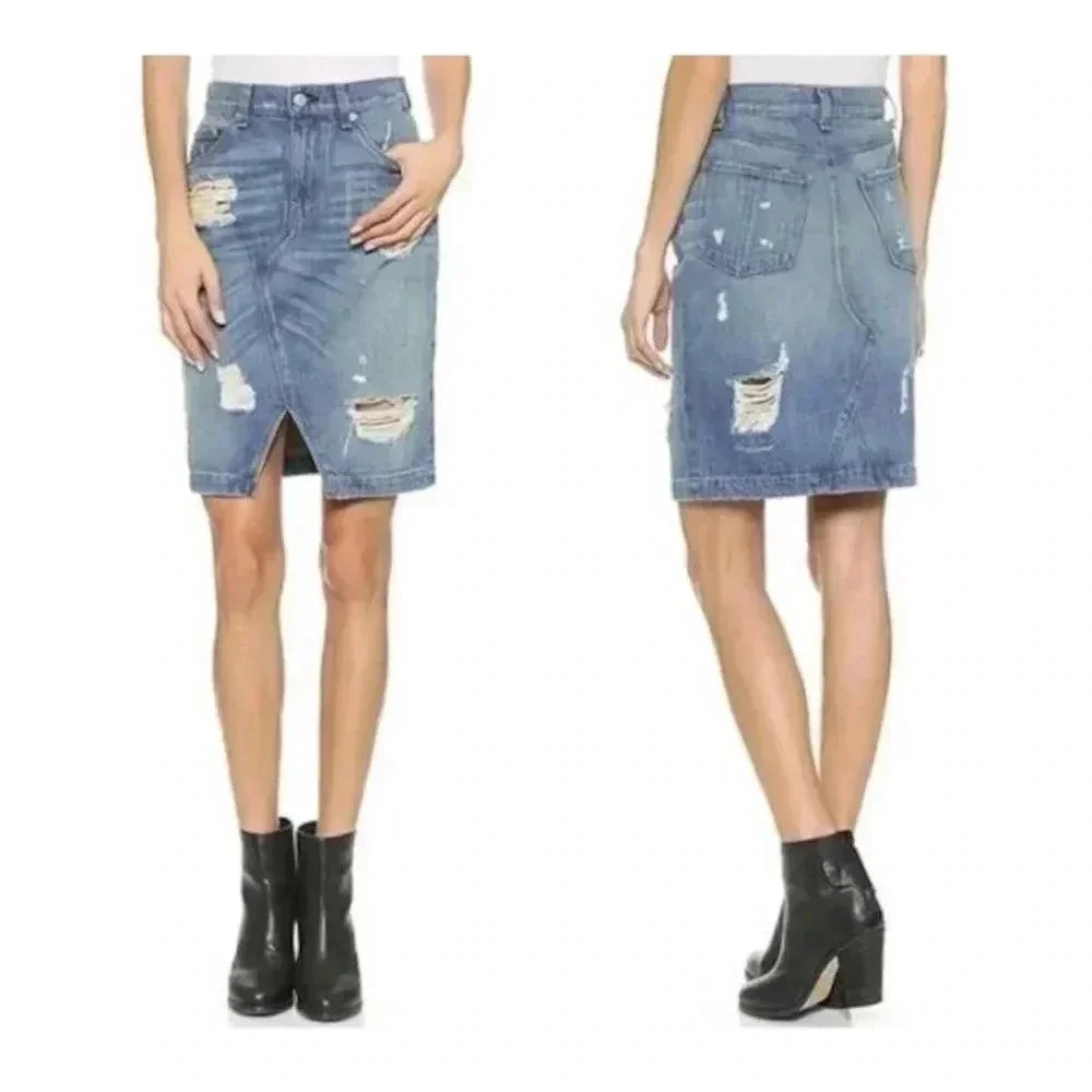 Rag & Bone Rag & Bone Distressed Denim Pencil Skirt Shredded Light Wash Sz 25